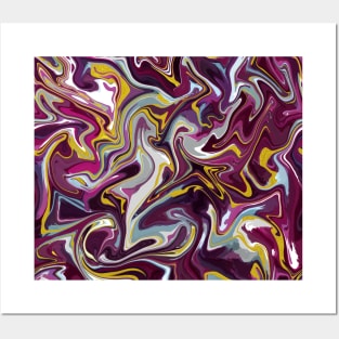 Luxe Living with Gold Silk Marble - Magenta, Blue, Grey Liquid Paint Pattern Posters and Art